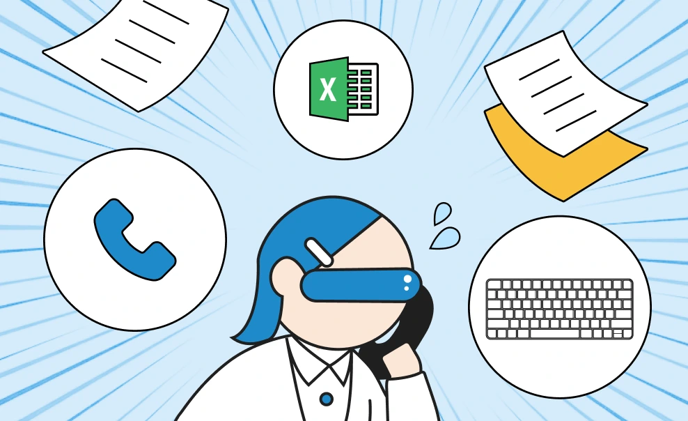 電話・Excel・紙に囲まれて働く人のイラスト